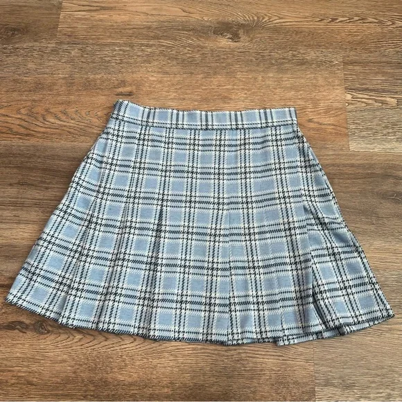 NWT Free People Pleated Plaid Mini Skirt Blue Check A-Line Preppy Size 6 - Picture 3 of 8